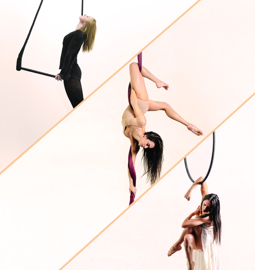 3 aeriallist doing aerial silk, aerial hoop and aerial trapeze