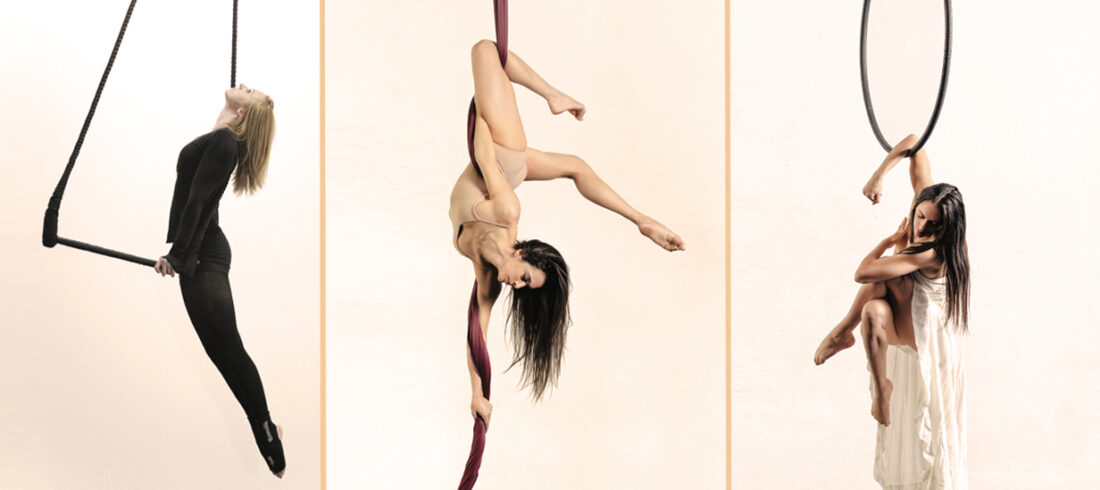 girls doing aerial silk, aerial hoop aerial hammock aerial trapeze background gold artes aereas